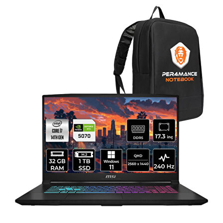 MSI Katana 17 HX i7-14650HX 32GB 1TB SSD RTX5070/8GB 17.3'' 2K QHD 240Hz W11P Gaming Laptop B14WGK