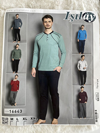 Yakası Düğmeli Penye Uzun Kollu Pijama Takım