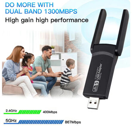  Kablosuz Wifi Alıcı Dual Band Usb 3.0 Adaptör AC1300 Mbps (2025 yeni model)