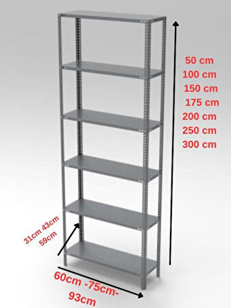 6 Katlı Tekerlekli Galvaniz Çelik Raf - Depo, Arşiv, Kiler, Dosya, Market Rafı 43x93 cm-150 cm-1.00 mm