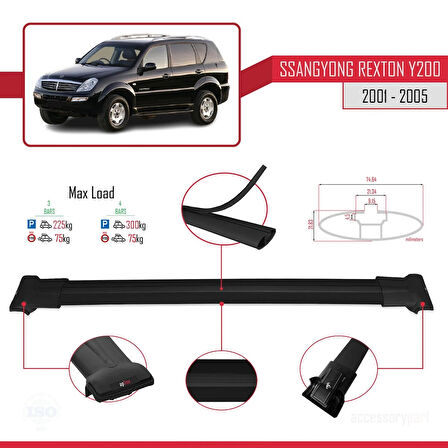 Ssangyong Rexton (Y200) 2001-2005 Arası ile Uyumlu FLY Model Ara Atkı Tavan Barı Siyah 3 Adet