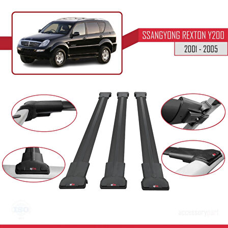 Ssangyong Rexton (Y200) 2001-2005 Arası ile Uyumlu FLY Model Ara Atkı Tavan Barı Siyah 3 Adet