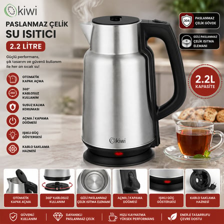 Elektrikli Su Isıtıcı 2.2L 1500W Paslanmaz Çelik Gizli Rezistans 360°