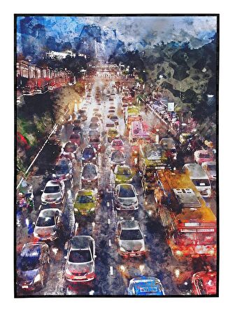 Shop365 Gece Sıkışık Trafik Tuval Modern Sanat Tablo Çerçeveli P-000083