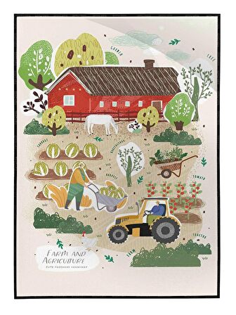 Shop365 Tarım Çiftlik Çiftçilik Bahçe Çalışması vs Temalı İllüstrasyon Tablo Çerçeveli P-000486