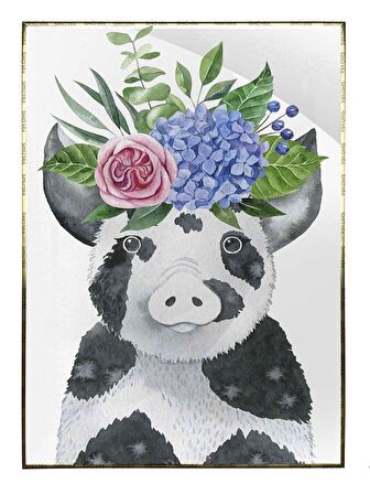 Shop365 Küçük Domuz Hayvan ve Çiçekler Sulu Boya Görünümlü Tablo Çerçeveli P-000635