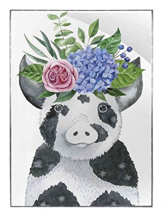 Shop365 Küçük Domuz Hayvan ve Çiçekler Sulu Boya Görünümlü Tablo Çerçeveli P-000635