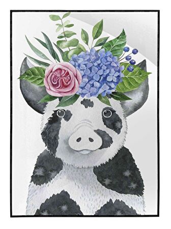 Shop365 Küçük Domuz Hayvan ve Çiçekler Sulu Boya Görünümlü Tablo Çerçeveli P-000635