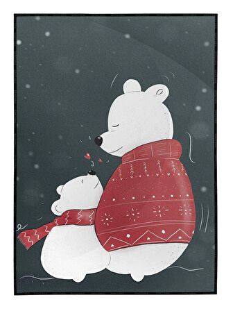Shop365 Sevimli Beyaz Kutup Ayıları Noel Yılbaşı İllüstrasyon Tablo Çerçeveli P-000898