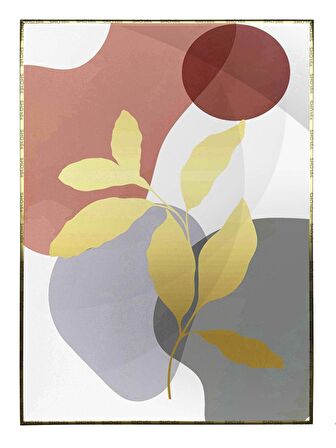 Shop365 Altın Gold Yapraklar ve Şekiller Modern Tablo Çerçeveli P-001600