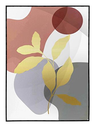 Shop365 Altın Gold Yapraklar ve Şekiller Modern Tablo Çerçeveli P-001600