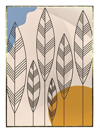 Shop365 Yapraklar Krem Sarı Mavi Renkler Modern Tablo Çerçeveli P-002056