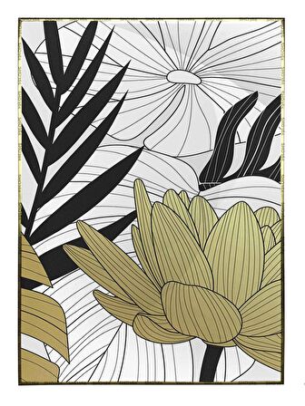 Shop365 Çiçekler Yapraklar Siyah Gold Altın Beyaz Renkler Modern Tablo Çerçeveli P-003896