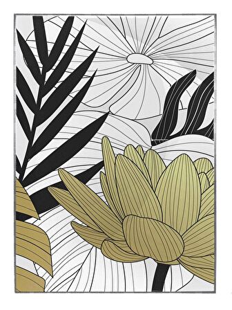Shop365 Çiçekler Yapraklar Siyah Gold Altın Beyaz Renkler Modern Tablo Çerçeveli P-003896