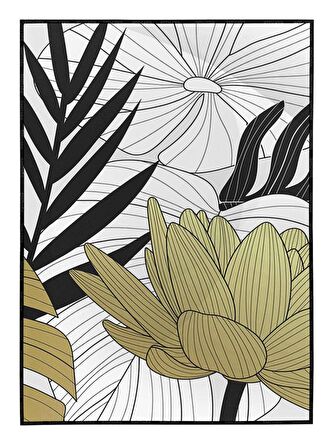 Shop365 Çiçekler Yapraklar Siyah Gold Altın Beyaz Renkler Modern Tablo Çerçeveli P-003896