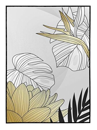 Shop365 Çiçekler Yapraklar Siyah Gold Altın Beyaz Renkler Modern Tablo Çerçeveli P-003902