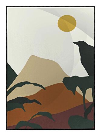 Shop365 Doğa Ay ve Güneş Palmiye Dağ Kum İllüstrasyon Tablo Çerçeveli P-003904