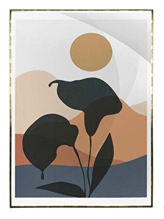 Shop365 Doğa Ay ve Güneş Palmiye Dağ Kum İllüstrasyon Tablo Çerçeveli P-003906