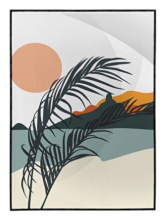 Shop365 Doğa Ay ve Güneş Palmiye Dağ Kum İllüstrasyon Tablo Çerçeveli P-003912