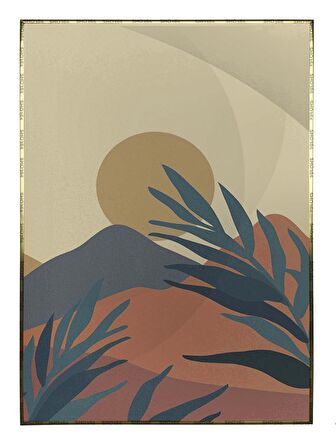 Shop365 Doğa Ay ve Güneş Palmiye Dağ Kum İllüstrasyon Tablo Çerçeveli P-003917