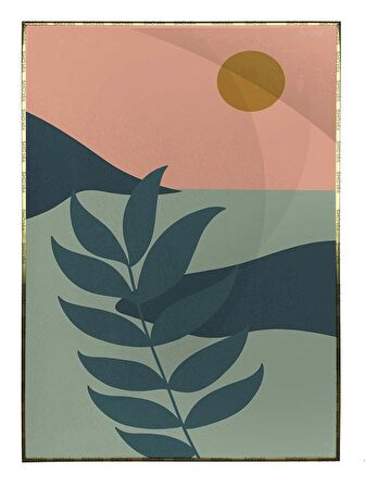 Shop365 Doğa Ay ve Güneş Palmiye Dağ Kum İllüstrasyon Tablo Çerçeveli P-003919