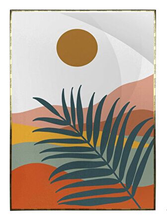 Shop365 Doğa Ay ve Güneş Palmiye Dağ Kum İllüstrasyon Tablo Çerçeveli P-003920