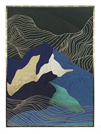 Shop365 Dağ Gold Altın Mavi Yeşil Renkler İllüstrasyon Tablo Çerçeveli P-003933