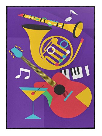 Shop365 Saksafon Keman Klarnet Müzik Aletleri Mor Canlı Renkler Modern Tablo Çerçeveli P-004235