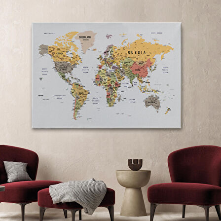 Harita Sepeti Detaylı Dünya Haritası Dekoratif Renkli Zeminli Kanvas Tablo 1676