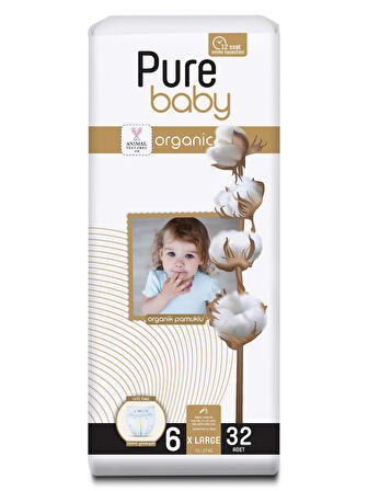 Pure Baby Organik Pamuklu Cırtlı Bez Tekli Paket 6 Numara Xlarge 32 Adet