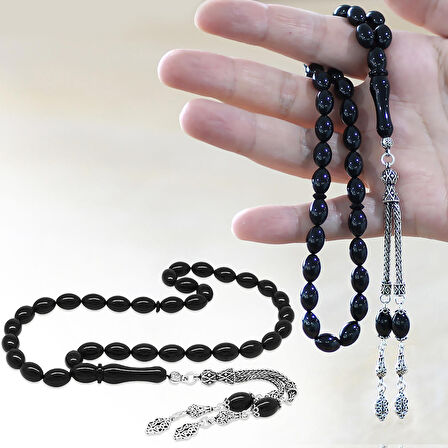 925 Ayar Gümüş Çift Püsküllü Arpa Kesim Siyah Sıkma Kehribar Tesbih