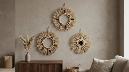 Bohem El Yapımı Rafya Duvar Süsü – Doğal Ahşap Boncuklu İ̇Skandinav Duvar Dekoru (3'Lü Set )