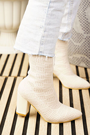 Günlük Kadın Bot Yüksek Kalın Topuklu Triko Esnek Sivri Burunlu Tırtıklı Taban Rahat Bootie 168