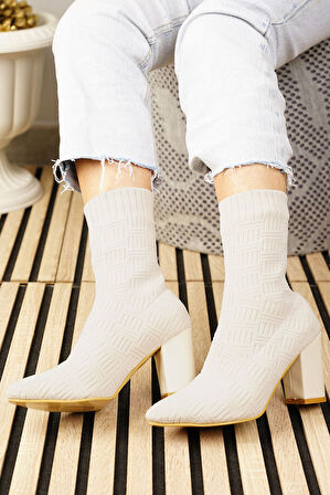 Günlük Kadın Bot Yüksek Kalın Topuklu Triko Esnek Sivri Burunlu Tırtıklı Taban Rahat Bootie 168