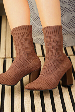 Günlük Kadın Bot Yüksek Kalın Topuklu Triko Esnek Sivri Burunlu Tırtıklı Taban Rahat Bootie 168