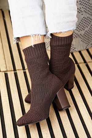 Günlük Kadın Bot Yüksek Kalın Topuklu Triko Esnek Sivri Burunlu Tırtıklı Taban Rahat Bootie 168