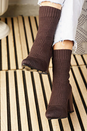 Günlük Kadın Bot Yüksek Kalın Topuklu Triko Esnek Sivri Burunlu Tırtıklı Taban Rahat Bootie 168