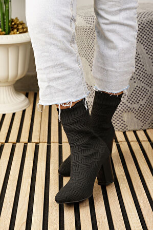 Günlük Kadın Bot Yüksek Kalın Topuklu Triko Esnek Sivri Burunlu Tırtıklı Taban Rahat Bootie 168