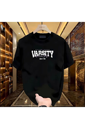 Varsity Baskılı Siyah Erkek Tshirt