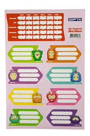 Gıpta-Gırls Ders Programı Okul Etiket 3 Yaprak 16 x 24 cm Sevimli Karakterler