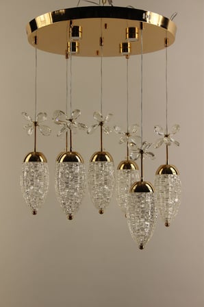 Modern Gold Çemberli Seri 6lı Kristalize Kozalak Formlu Kristal Kelebekli 3 Renk Led Sarkıt Avize