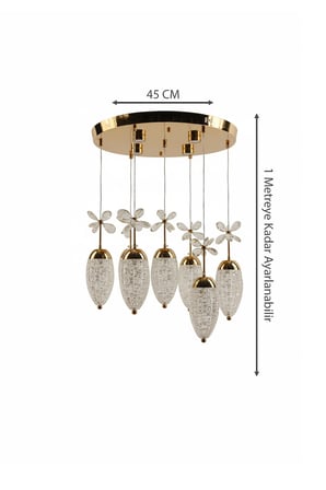 Modern Gold Çemberli Seri 6lı Kristalize Kozalak Formlu Kristal Kelebekli 3 Renk Led Sarkıt Avize