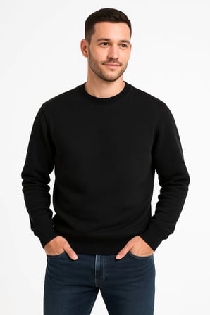 Erkek Üç İplik Düz Bisiklet Yaka SweatShirt - Siyah