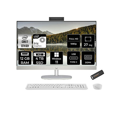 HP 27-CR0004NT i7 1355U 12GB 4TB SSD Intel Graphics 27" FHD IPS W11H All In One PC Beyaz & PER4