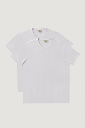 Erkek Beyaz Slim Fit Dar Kesim Bisiklet Yaka %100 Pamuk 2'li Düz Tişört Paketi