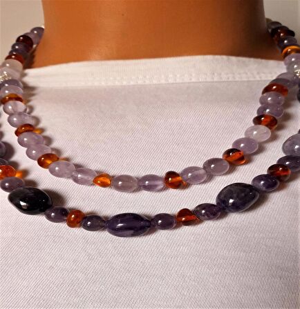 Ametist Kehribar İki Sıralıkolye