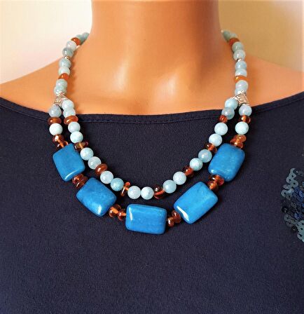 Akik Kuvars Kehribar İki Sıralı Kolye