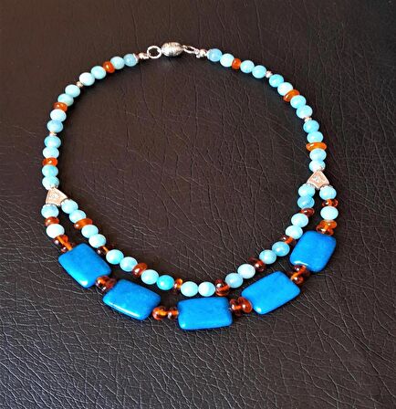 Akik Kuvars Kehribar İki Sıralı Kolye