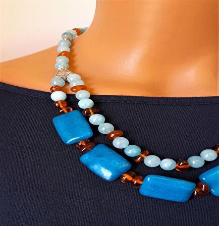 Akik Kuvars Kehribar İki Sıralı Kolye