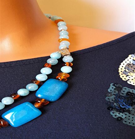 Akik Kuvars Kehribar İki Sıralı Kolye